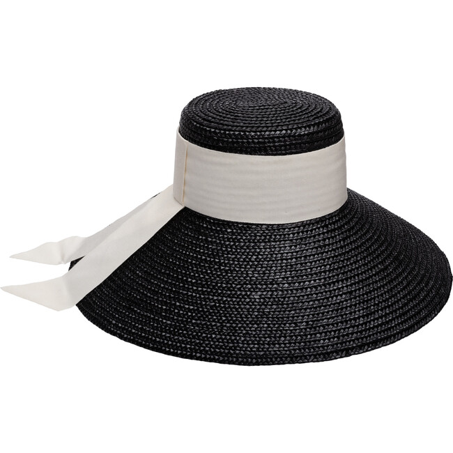 Women's Mirabel Grosgrain Band & Tail Lacquered Straw Wide-Brim Sunhat, Black & Ivory
