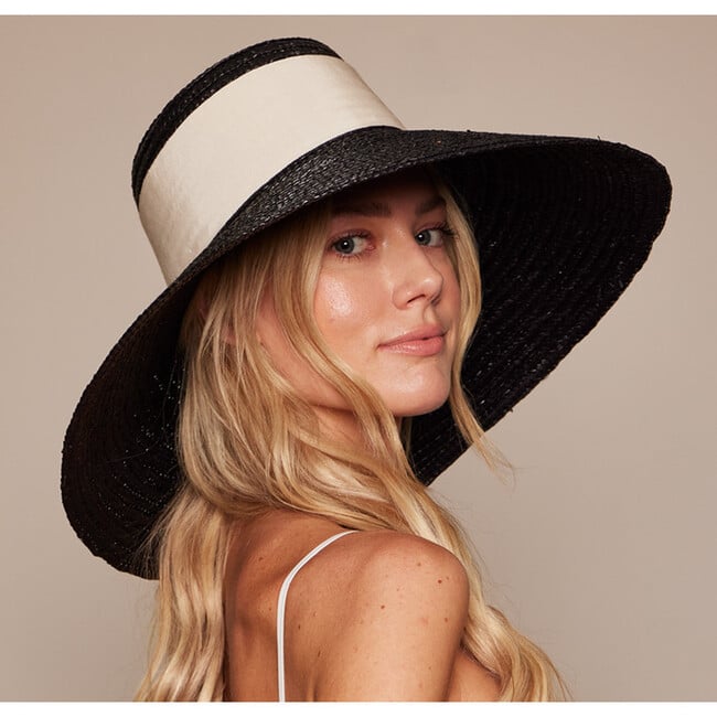 Women's Mirabel Grosgrain Band & Tail Lacquered Straw Wide-Brim Sunhat, Black & Ivory - Hats - 2