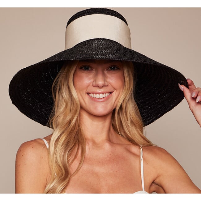 Women's Mirabel Grosgrain Band & Tail Lacquered Straw Wide-Brim Sunhat, Black & Ivory - Hats - 3