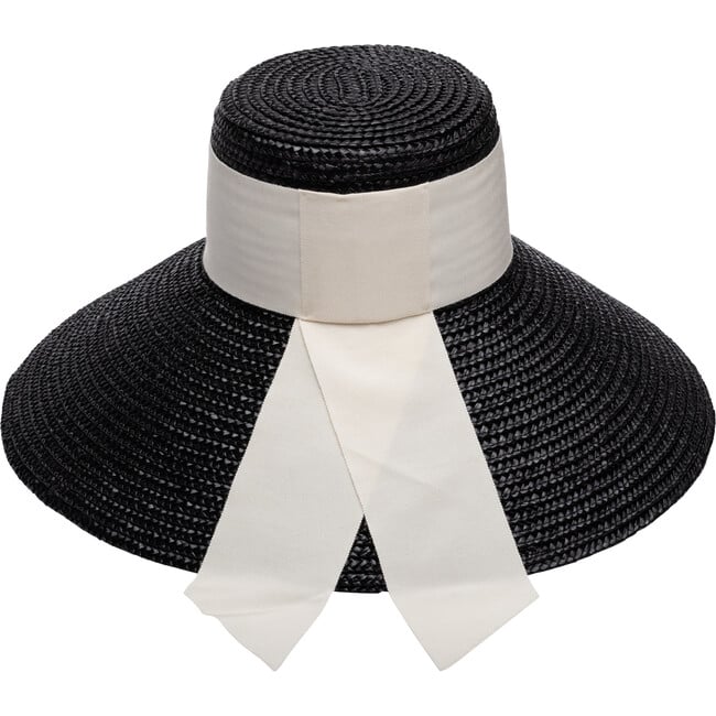 Women's Mirabel Grosgrain Band & Tail Lacquered Straw Wide-Brim Sunhat, Black & Ivory - Hats - 4