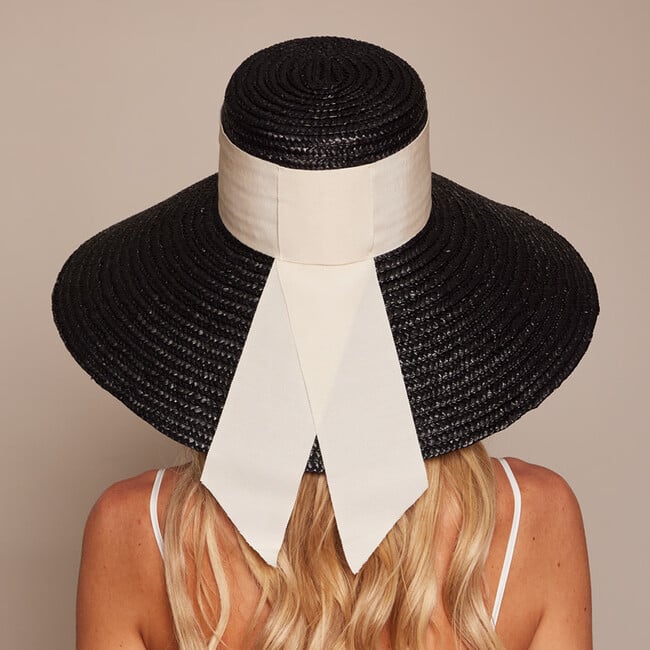 Women's Mirabel Grosgrain Band & Tail Lacquered Straw Wide-Brim Sunhat, Black & Ivory - Hats - 5