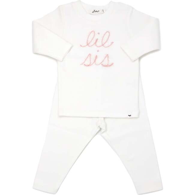 "lil sis" Pink Sparkle Embroidered Two Piece Set, Cream