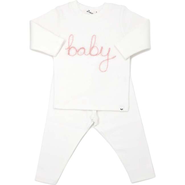 "Baby" Pink Sparkle Embroidered Two Piece Set, Cream