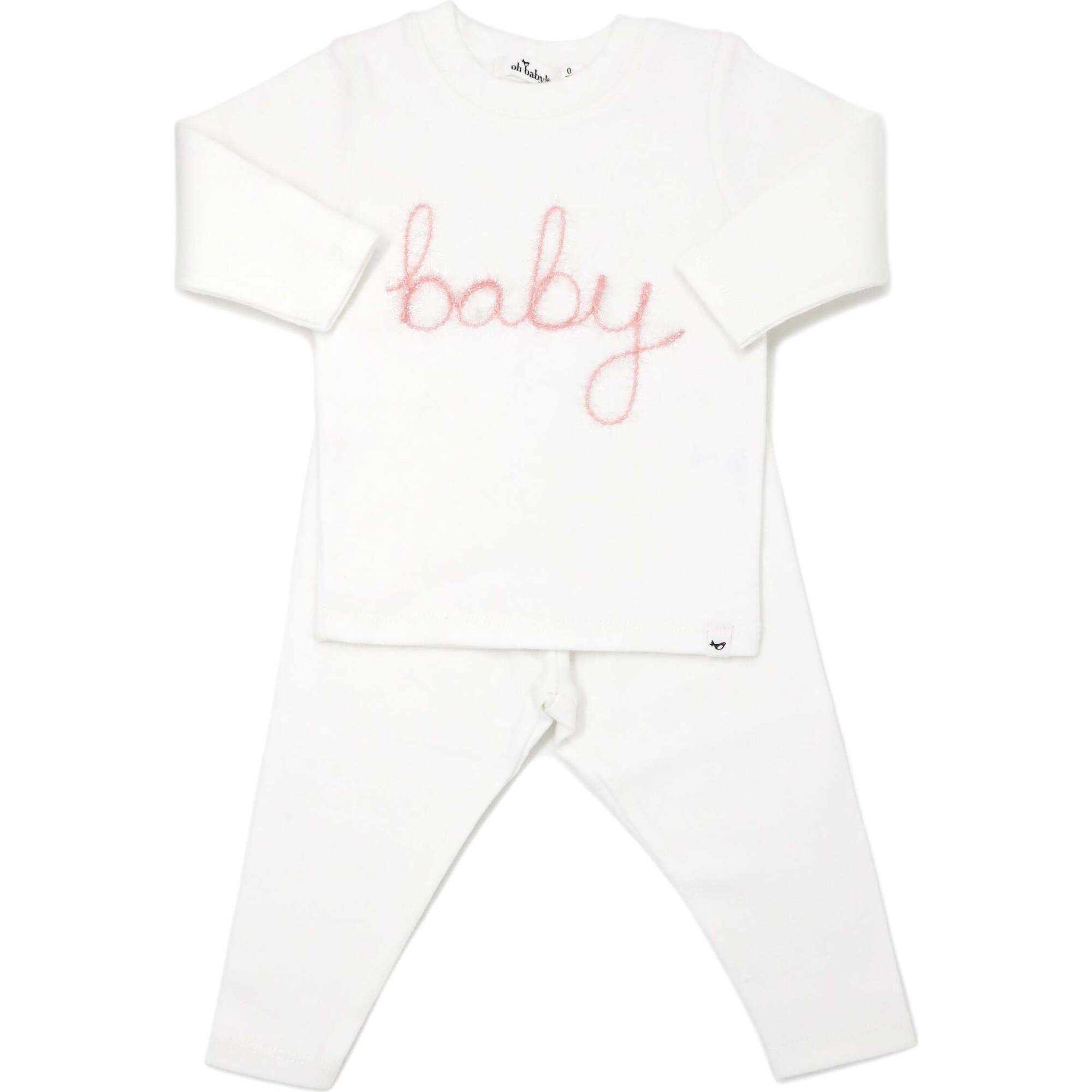 "Baby" Pink Sparkle Embroidered Two Piece Set, Cream - Mixed Apparel Set - 1