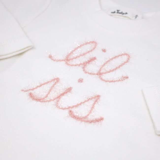 "lil sis" Pink Sparkle Embroidered Two Piece Set, Cream - Mixed Apparel Set - 2