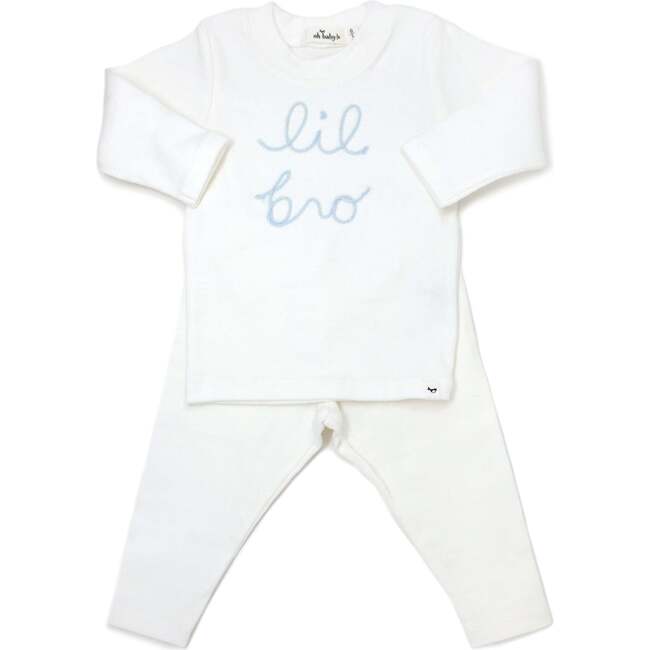 "lil bro" Sky Blue Embroidered Two Piece Set, Cream