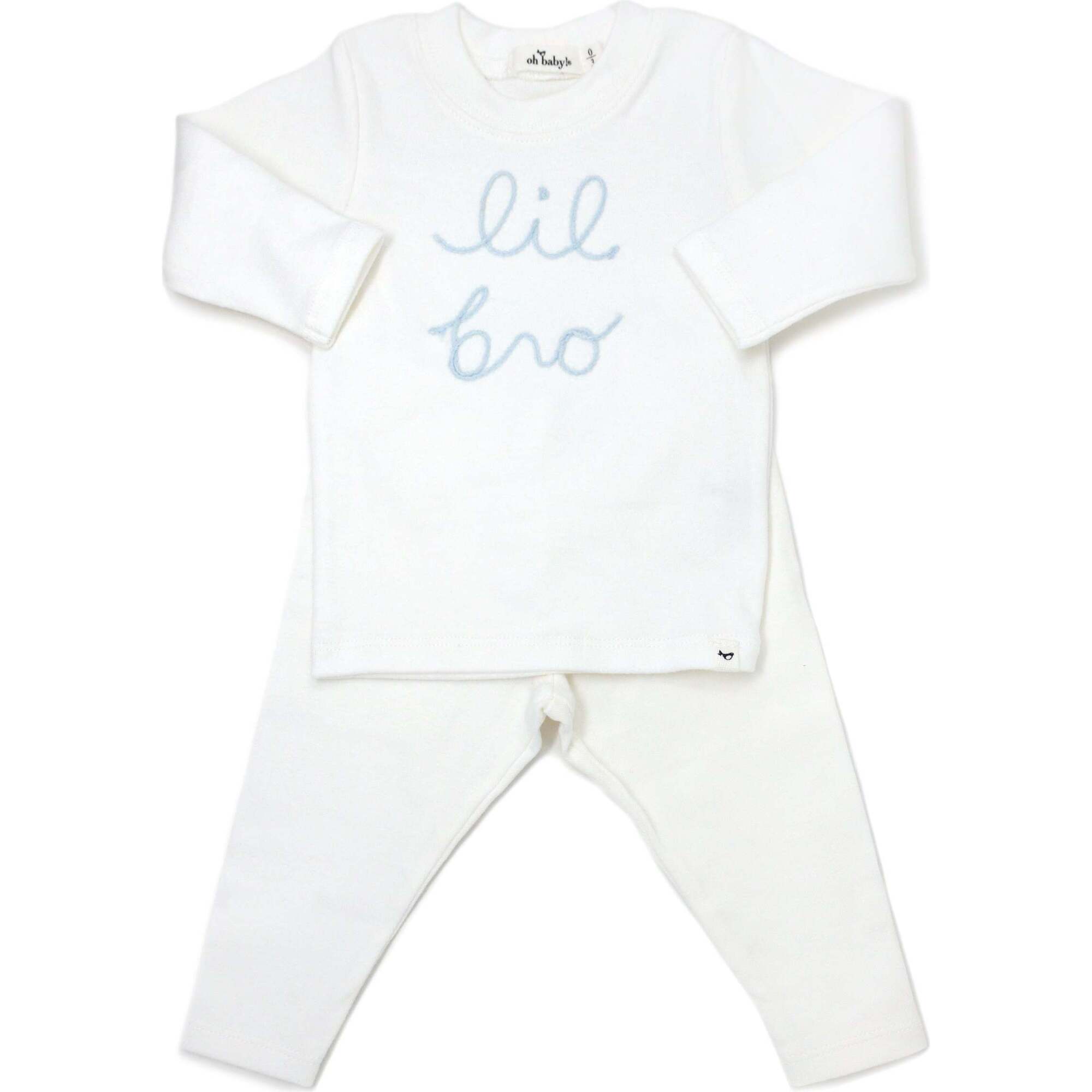 "lil bro" Sky Blue Embroidered Two Piece Set, Cream - Mixed Apparel Set - 1