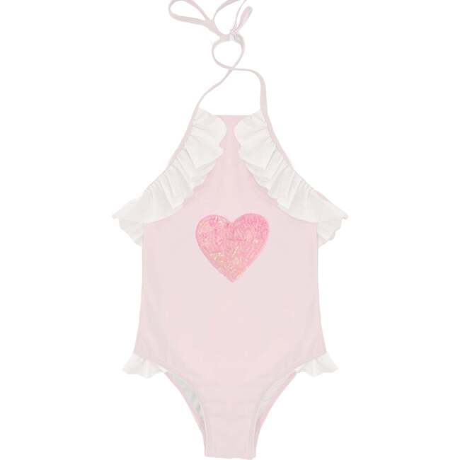 Sequin Heart Ruffle Shoulder Tie-Neck Swimsuit, Pink & White