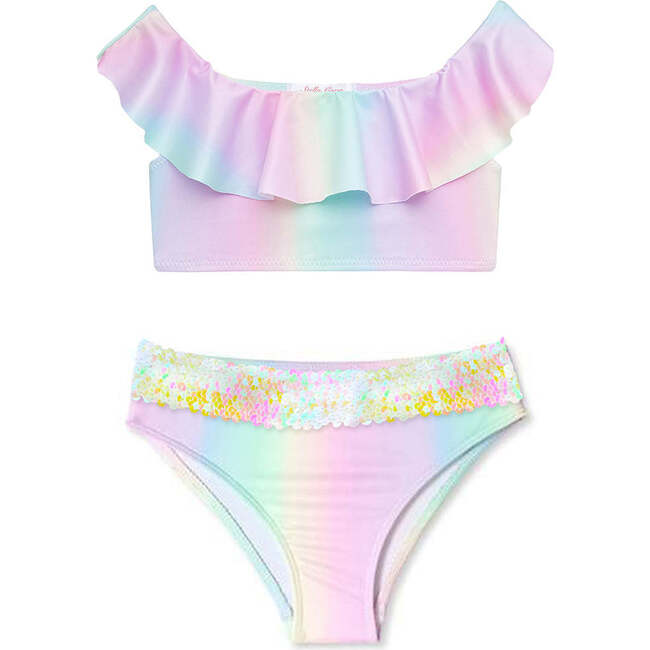 Ruffle Neck Line Bikini With Sequin Belt, Rainbow
