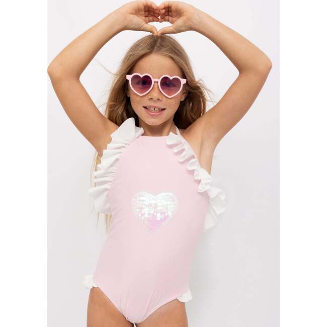 Sequin Heart Ruffle Shoulder Tie-Neck Swimsuit, Pink & White - One Pieces - 2