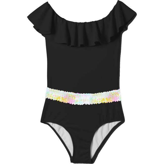 Ruffle Neck Line Swimsuit With Sequin Belt, Black
