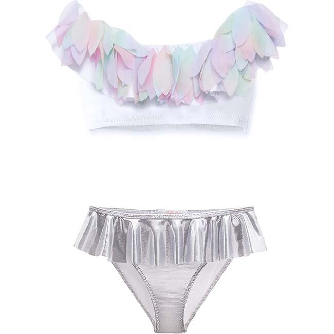 Petal Neck Line & Ruffle Waist Bikini, Unicorn & Silver