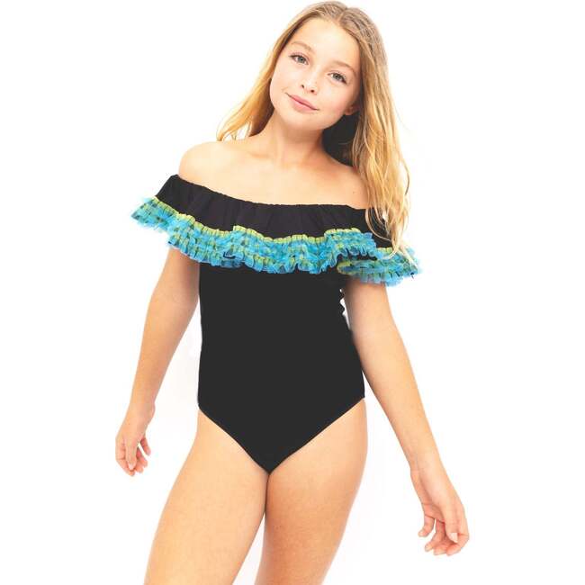 Anemone Fringe Off-Shoulder Swimsuit, Black - One Pieces - 2