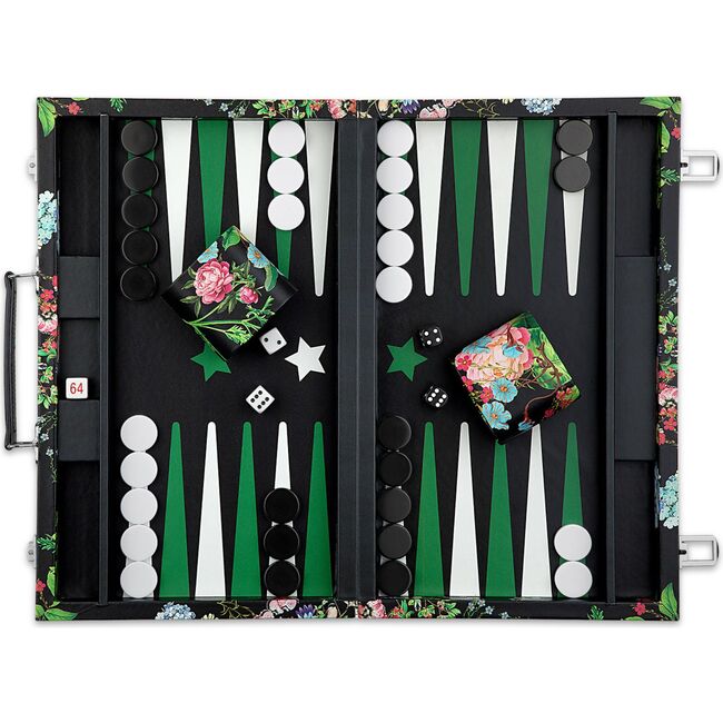 Printed Leather Backgammon Set, Black Flowers