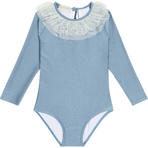 Laguna Azul Long Sleeves Ruffles Baby Girl Swimsuit, Dusty Blue