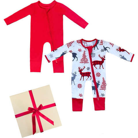 Baby 2pc Christmas Holiday Gift Set, Bamboo Solid Cherry Red & Reindeer