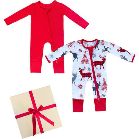 Baby 2pc Christmas Holiday Gift Set, Bamboo Solid Cherry Red & Reindeer - Footie Pajamas - 1