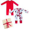 Baby 2pc Christmas Holiday Gift Set, Bamboo Solid Cherry Red & Reindeer - Footie Pajamas - 1 - thumbnail