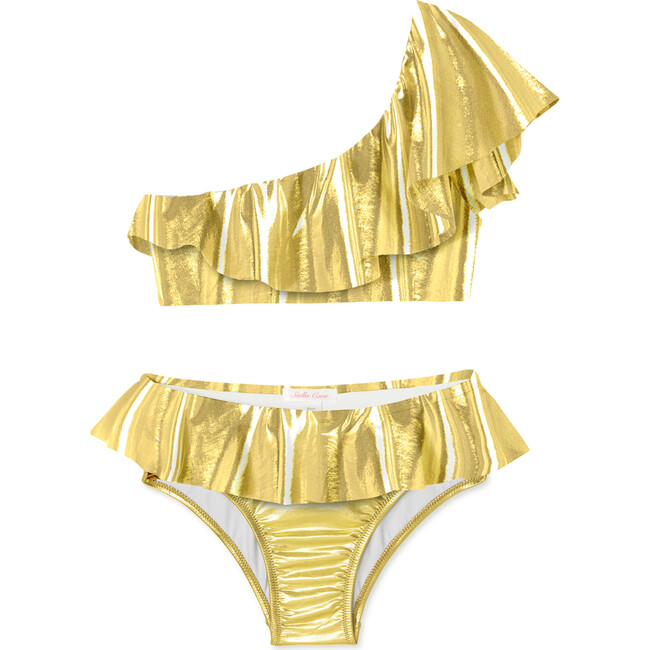 One Shoulder Ruffle Bikini, Gold