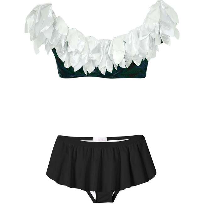 Petal Neck Line & Frilled Skirt Bikini, Black & Silver