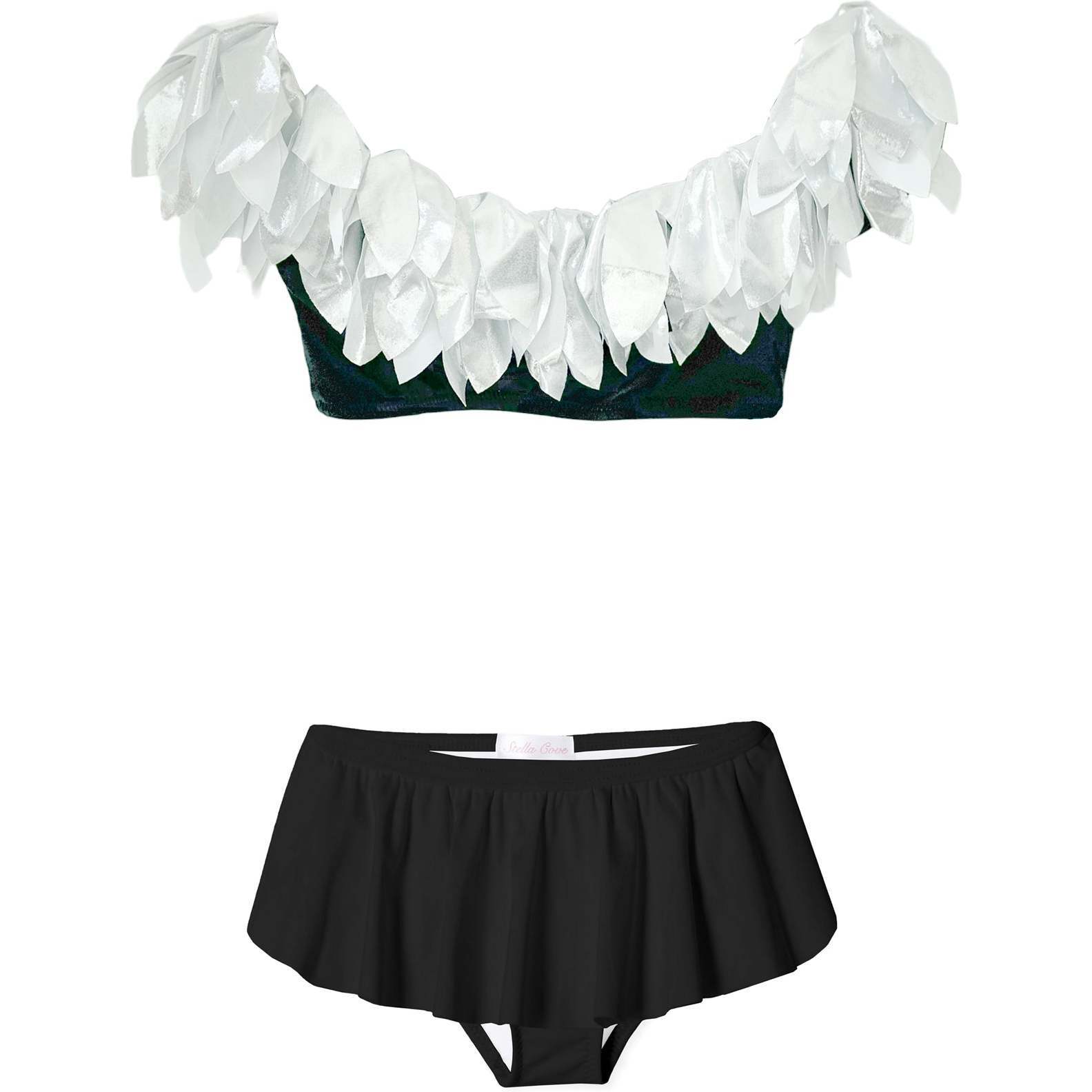 Petal Neck Line & Frilled Skirt Bikini, Black & Silver - Two Pieces - 1