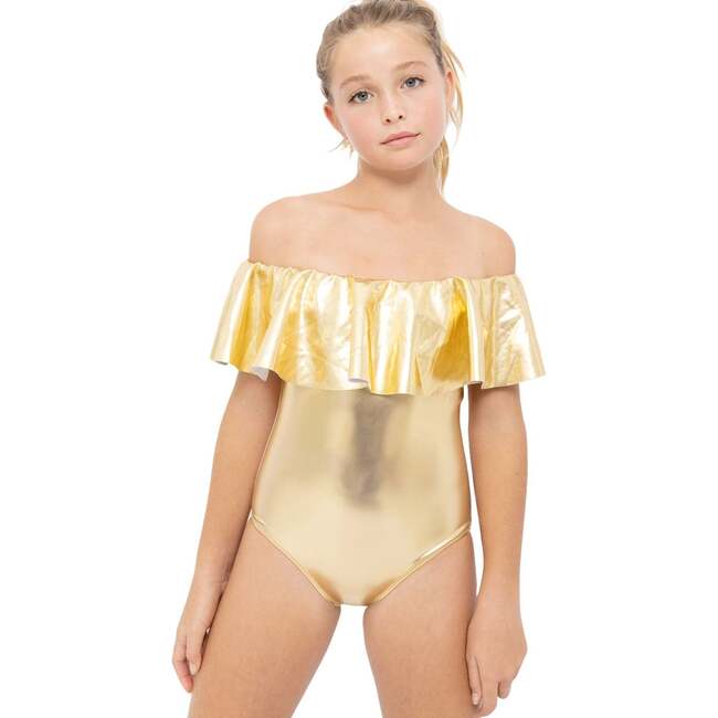 Off-Shoulder Ruffle Bathing Suit, Gold