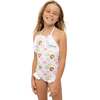 Halter Tie Neck Ruffle Print Swimsuit, Donut - One Pieces - 2