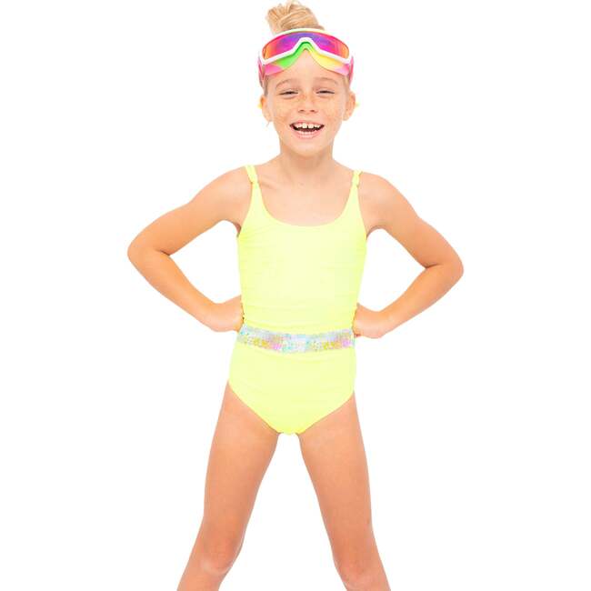 Swimsuit With Sequin Belt, Neon Yellow - One Pieces - 2