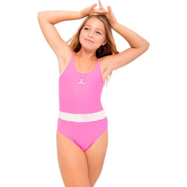Adjustable Straps Swimsuit With Sequin Belt, Neon Pink - One Pieces - 2