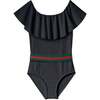 Ruffle Neck Line Swimsuit With Belt, Black - One Pieces - 1 - thumbnail