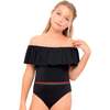 Ruffle Neck Line Swimsuit With Belt, Black - One Pieces - 2