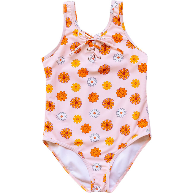 Girl's Floral Print Tie One-Piece Swimsuit, Yellow & Orange