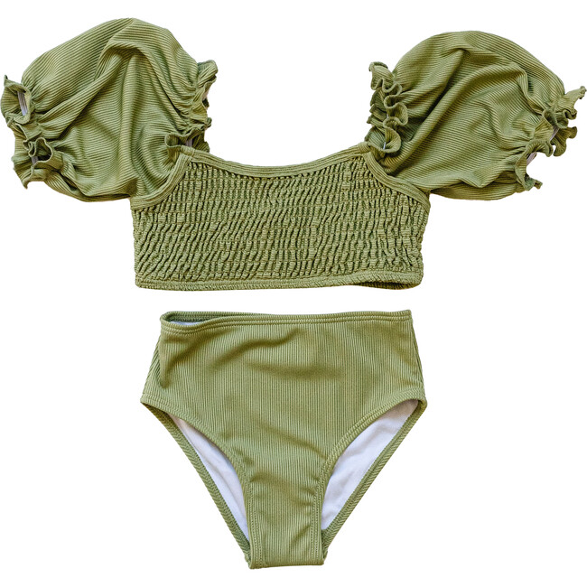Girl's Ribbed Sleeved Smocked & High-Waist Bikini, Green