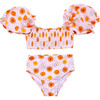 Girl's Floral Print Sleeved Smocked & High-Waist Bikini, Yellow & Orange - Two Pieces - 1 - thumbnail