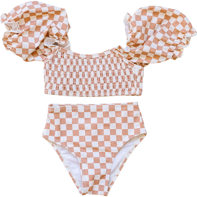 Girl's Checkered Sleeved Smocked & High-Waist Bikini, Tan