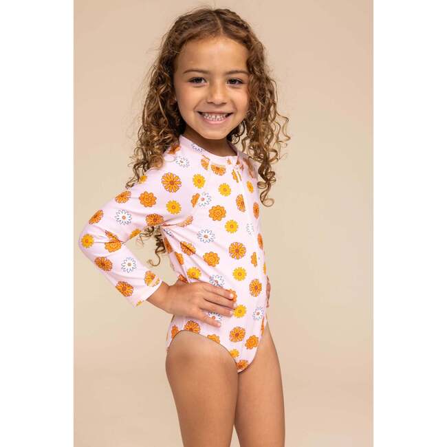 Girl's Floral Print Zip-Up Rashguard, Yellow & Orange - One Pieces - 2