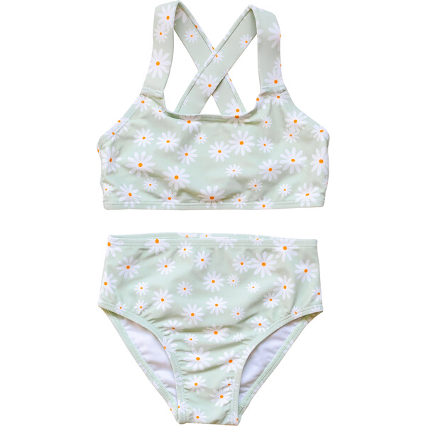 Girl's Basic Cross-Strap & High-Waist Bikini, Green Daisy - Roco Swim ...