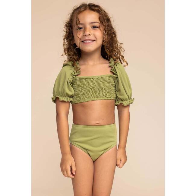 Girl's Ribbed Sleeved Smocked & High-Waist Bikini, Green - Two Pieces - 2