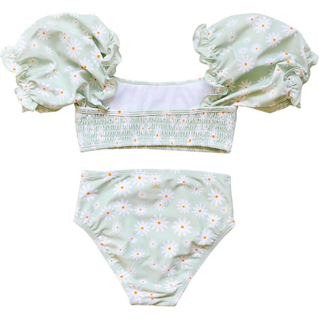 Girl's Sleeved Smocked & High-Waist Bikini, Green Daisy - Two Pieces - 3