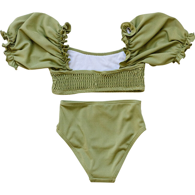 Girl's Ribbed Sleeved Smocked & High-Waist Bikini, Green - Two Pieces - 3