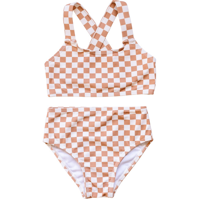 Girl's Basic Checkered Cross-Strap & High-Waist Bikini, Tan