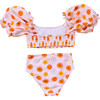 Girl's Floral Print Sleeved Smocked & High-Waist Bikini, Yellow & Orange - Two Pieces - 3