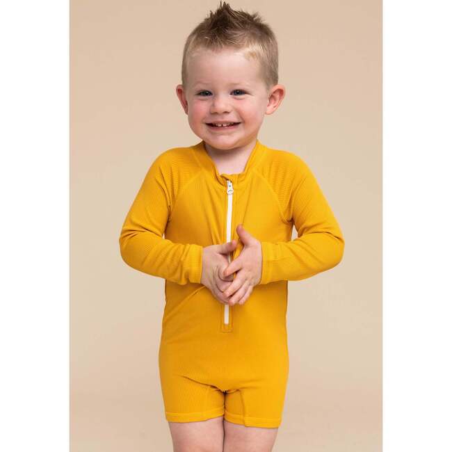 Boy's Ribbed Zip-Up Rashguard, Yellow - Swim Trunks - 2