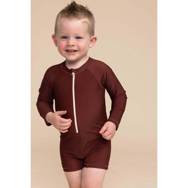 Boy's Color-Block Zip-Up Rashguard, Warm Brown & Tan - Swim Trunks - 2