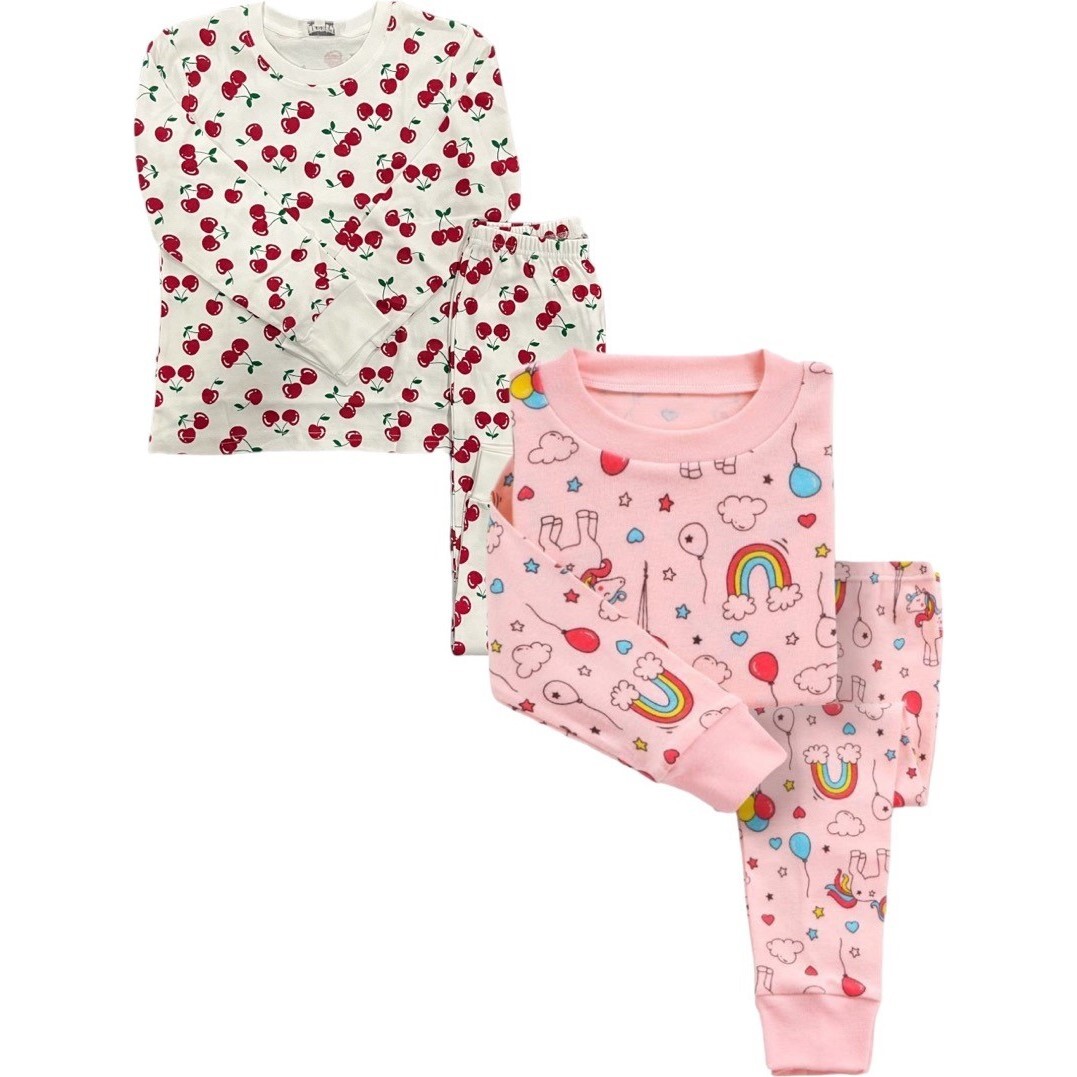 Kids Print Cuffed Pajamas 2-Pack, Cherries & Pink Rainbows - Pajamas - 1