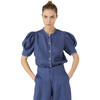 Women's Scallop Mao Neck Shirt, Deep Blue - Shirts - 1 - thumbnail