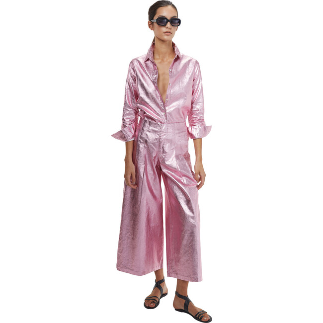 Women's Culotte Metallic High Waist Pleated Pants, Pink