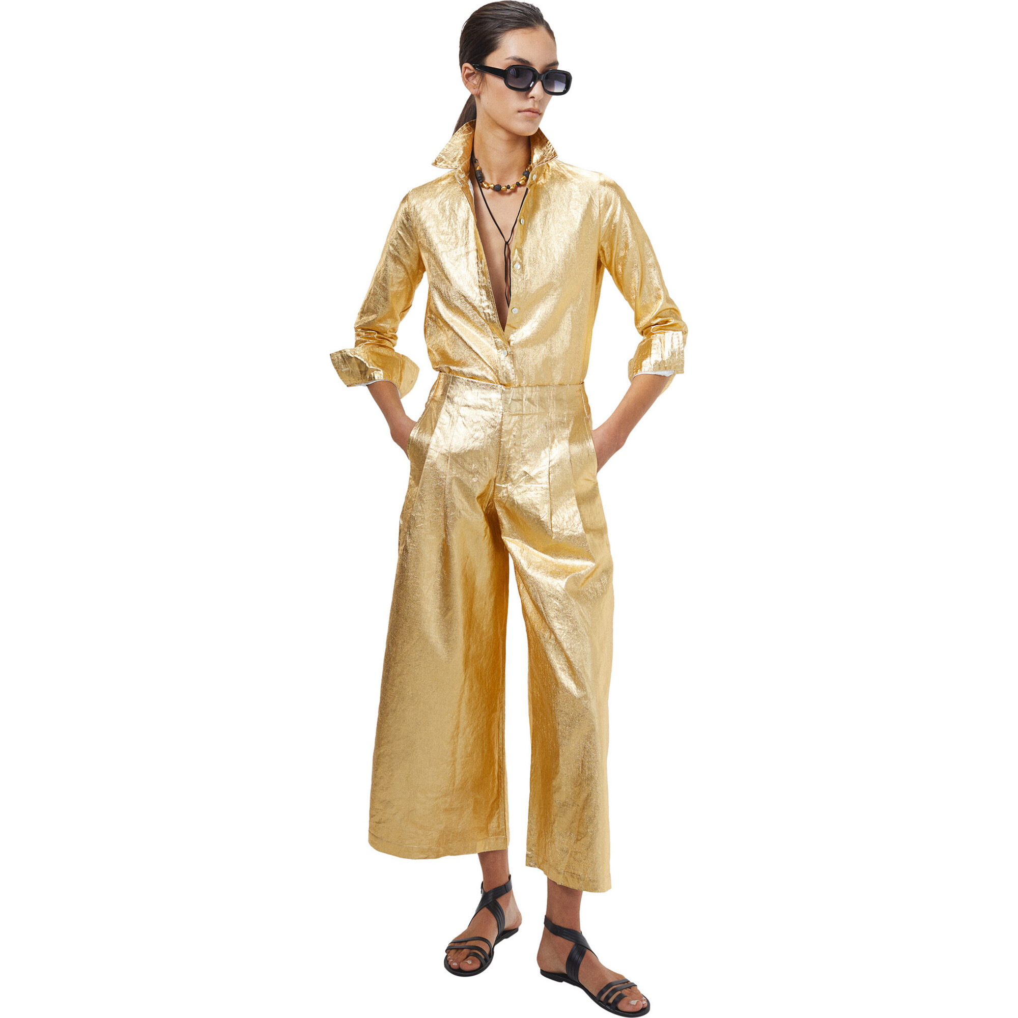 Women's Culotte Metallic High Waist Pleated Pants, Gold - Pants - 1