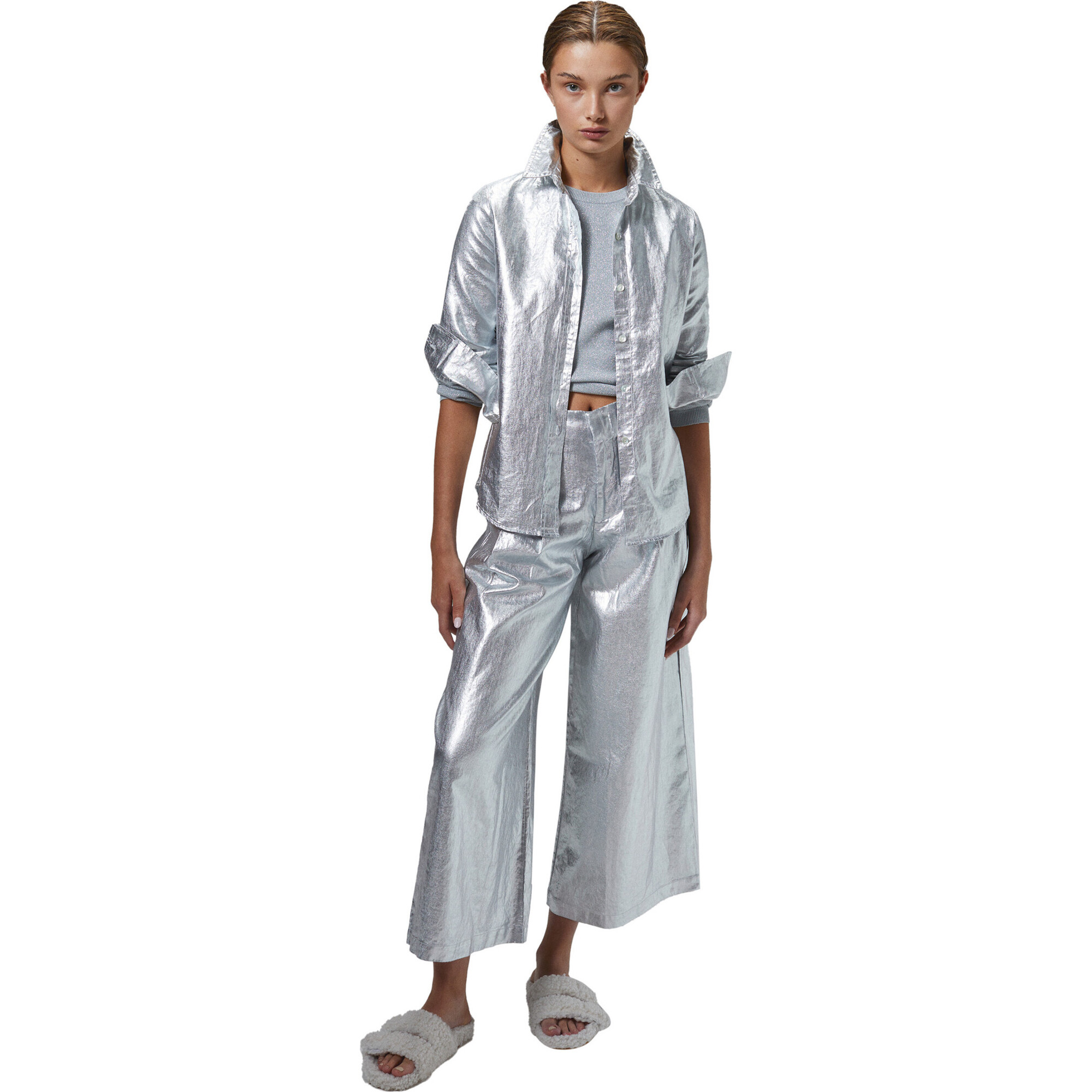 Women's Culotte Metallic High Waist Pleated Pants, New Silver - Pants - 1