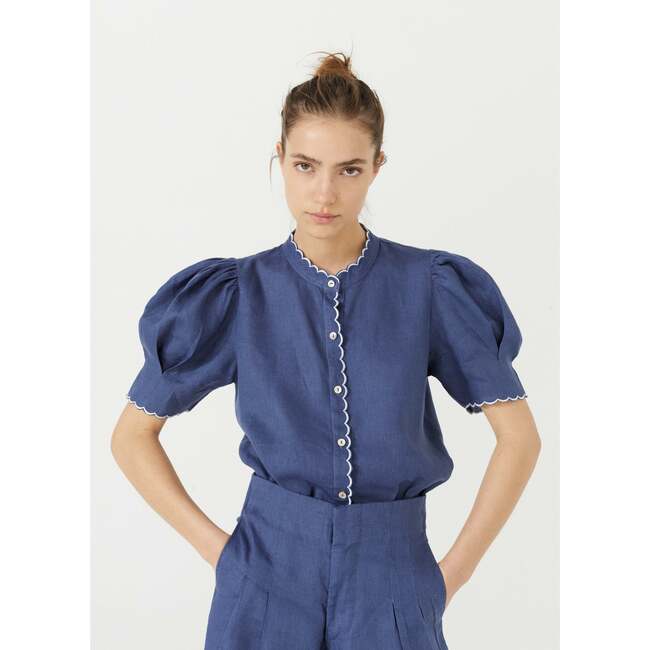 Women's Scallop Mao Neck Shirt, Deep Blue - Shirts - 2